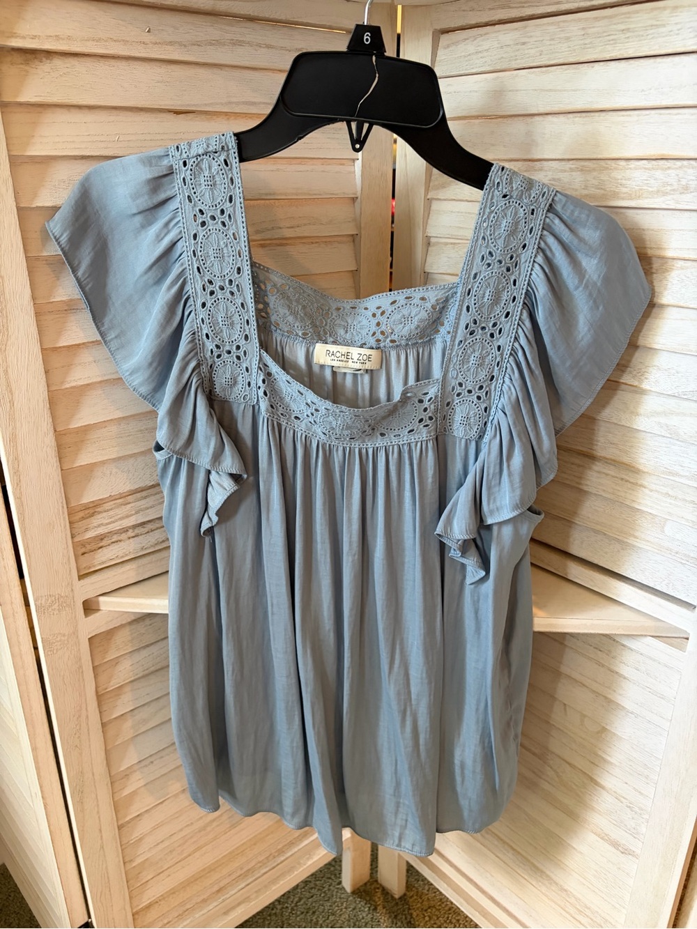 Rachel Zoe Dusty Blue Crochet-Trim Flutter Sleeve Blouse